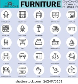Furniture line icons Bundle. Sofa, Chair, Table, Bed, Lamp, Wardrobe, Mirror, Desk icon for apps and website. Editable Vector stroke pictograms. illustration EPS10