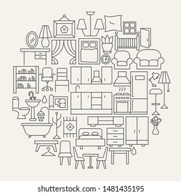 Furniture Line Icons Circle. Vector Illustration of Interior Outline Objects.