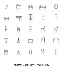 Furniture line icons with reflect on white background, stock vector