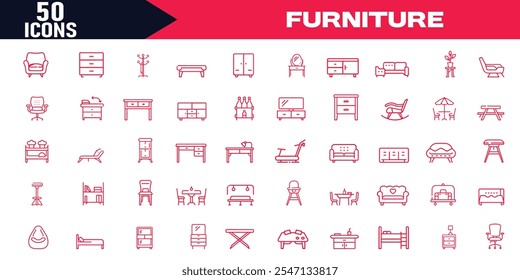 Iconos de la línea de los muebles fijados Iconos perfectos editables del pixel del movimiento para el sofá móvil de la lámpara del Web, cama, escritorio, espejo, Vector,