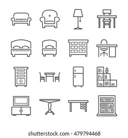Furniture line icons set. Included the icons as bed, chair, table, lamp, sofa, interior and more.
