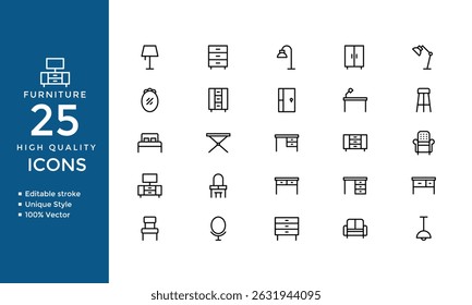 Furniture Line Icons Set – Outline Vector Collection of Sofa, Chair, Table, Bed, Lamp, Wardrobe, Mirror, Desk and Home Decor Symbols