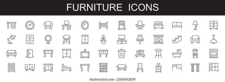 Iconos de línea de muebles iconos web editable golpe sobre fondo blanco con iconos de interior, silla, sofá, sillón, mesa, bombilla y más