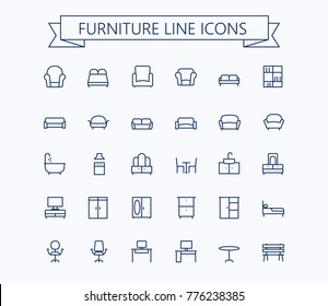 Furniture line mini icons.Editable stroke. 24x24 grid. Pixel Perfect.