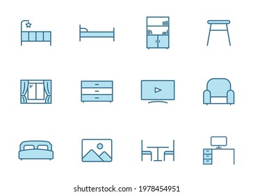 furniture line vector icons in two colors isolated on white background. furniture blue icon set for web design, ui, mobile apps and print