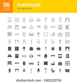 Furniture Line Web Glyph Icons. Vector Illustration of Flat Outline and Solid Symbols. 