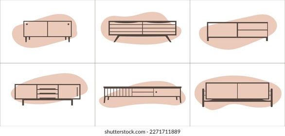 Furniture linear icons set in flat style. Cabinets vector illustration.