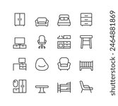 Furniture, linear style icon set. Household pieces for living rooms, bedrooms, kitchens, offices and more. Furnishings, seating, sleepers, storage units and workstations. Editable stroke width.