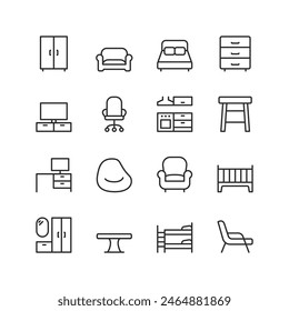 Furniture, linear style icon set. Household pieces for living rooms, bedrooms, kitchens, offices and more. Furnishings, seating, sleepers, storage units and workstations. Editable stroke width.