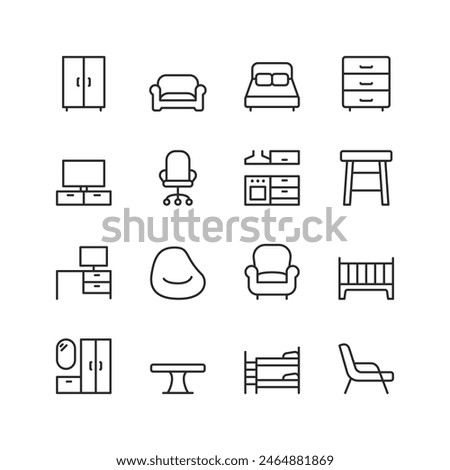 Furniture, linear style icon set. Household pieces for living rooms, bedrooms, kitchens, offices and more. Furnishings, seating, sleepers, storage units and workstations. Editable stroke width.