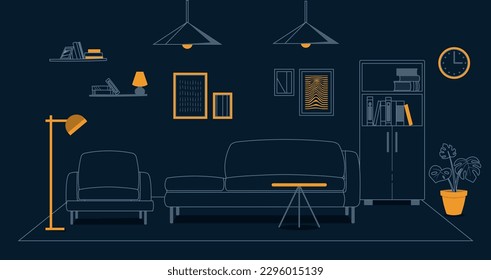 Furniture for living room dark. Sofa, lamp and bookcase, caprtina. Minimalist creativity and art. Line interior and decoration for apartment. Cartoon flat vector illustration