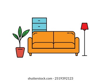 furniture for living room interior with chair lamp and potted plants. Modern flat furniture for living room interior in Flat vector illustration.