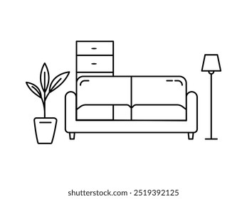 furniture for living room interior with chair lamp and potted plants. Modern flat furniture for living room interior in simple linear style.