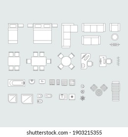 Furniture for living room, kitchen, bedroom and bathroom. Furniture icons set for apartment plan. Top view. 