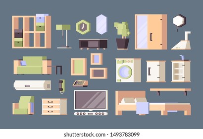 Furniture living room. Tables desk chairs bed vector orthogonal flat pictures