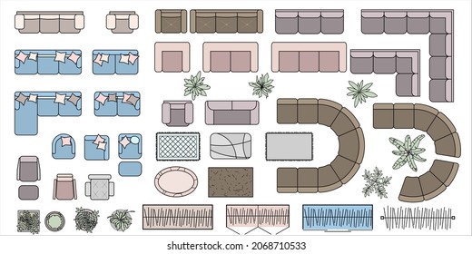 Furniture for living room Top view. Set of colored elements for interior design of flat, office, house, apartment. Interior icon, sofa, chairs, plant. Furniture symbol set.  Isolated Vector collection