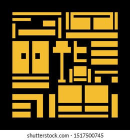 Furniture logo concept in black frame. Vector illustration. Corporate identity emblem design. Black and yellow stamp or sign. Graphic simple couch and table picture. Store item constructor.