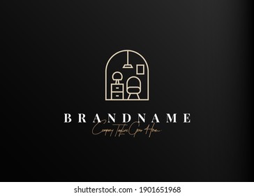 Furniture logo design inspiration. Vector illustration of chair, table, bookcase, cupboard and decorative lamp. Modern Icon Design Vector Template with Line Style