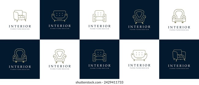 Logotipo de muebles. Silla interior del sofá con estilo moderno del contorno lineal. Plantilla de diseño de mobiliario