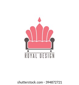 Furniture logo sofa, interior design creative mockup emblem shape crown, comfort divan icon