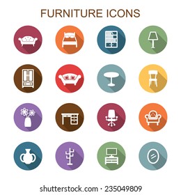 furniture long shadow icons, flat vector symbols