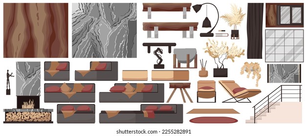 Furniture for lounge set isolated on white background. Flat furnishings collection with couch sofa, soft armchair, wooden table, loft lamp. Designer trendy items of home apartment. Vector illustration