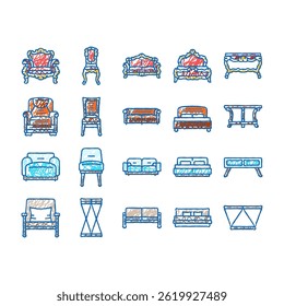 furniture luxury interior home doodle icons set vector. modern room, house apartment, deco, lifestyle, style living, sofa floor, table furniture luxury interior home sketch hand drawn