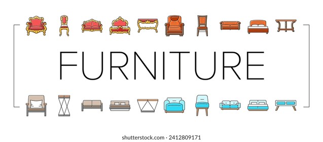 furniture luxury interior home icons set vector. modern room, house apartment, deco, lifestyle, style living, sofa floor, table furniture luxury interior home color line illustrations