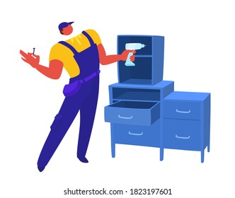 Un fabricante de muebles monta muebles de gabinete. Un hombre carpintero, un maestro haciendo armario. Instalación, montaje del mobiliario. Ilustración vectorial de dibujos animados.