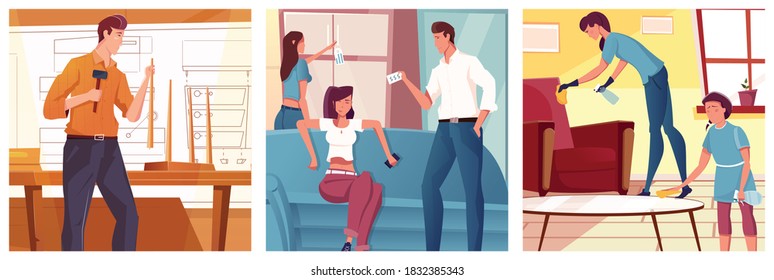 Furniture Maker People In Shop Woman And Girl Cleaning Room Flat Set Isolated Vector Illustration