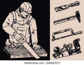 Furniture maker and tools monochrome elements set with manual worker in hardhat sawing wooden board, file, hammer, hacksaw, wood plane, vector illustration