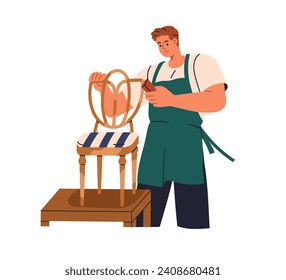 Furniture maker works, makes wooden chair, polishing wood. Artisan, restorer restoring. Carpentry, joinery, restoration, woodwork worker. Flat graphic vector illustration isolated on white background