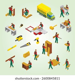 Furniture Makers Isometric elements making studio workplace cabinet apprentice product master