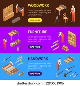 Furniture Makers at Work Banner Horizontal Set Isometric View Carpenter or Workman Profession. Vector illustration of Craftspeople