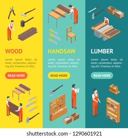 Furniture Makers at Work and Interior Banner Vecrtical Set Isometric View Carpenter or Workman Profession. Vector illustration of Craftspeople