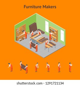 Furniture Makers at Work and Interior with Elements Set Isometric View Carpenter or Workman Profession. Vector illustration of Craftspeople