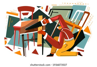 Furniture making hobby or profession, man with saw using tools to cut plank in part. Woodworker and professional carpenter constructing handmade products from wood material. Vector in flat style