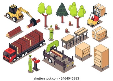 Furniture manufacture 3d isometric mega set. Collection flat isometry elements and people of woodworking process, forest woodcutting, carpentry production machine, transportation. Vector illustration.