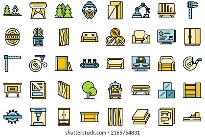 Furniture manufacture icons set outline vector. Making assemble. Making board thin line color flat on white