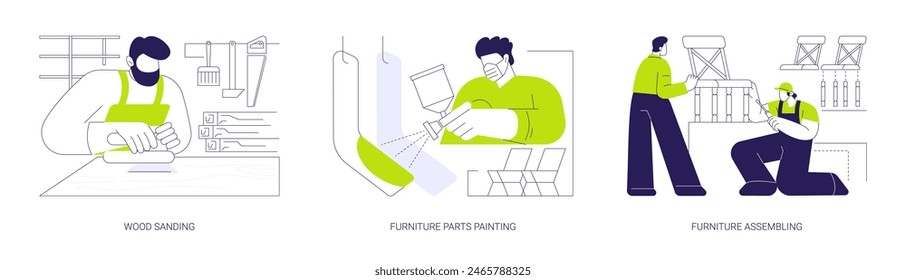 Furniture mass production abstract concept vector illustration set. Wood sanding, furniture parts painting and assembling, woodworking business industry, carpenters job abstract metaphor.