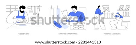 Furniture mass production abstract concept vector illustration set. Wood sanding, furniture parts painting and assembling, woodworking business industry, carpenters job abstract metaphor.