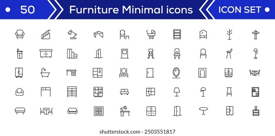 Furniture Minimal line icons Bundle. Sofa, Chair, Table, Bed, Lamp, Wardrobe, Mirror, Desk icon for apps and website