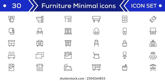 Furniture Minimal line icons Bundle. Sofa, Chair, Table, Bed, Lamp, Wardrobe, Mirror, Desk icon for apps and website