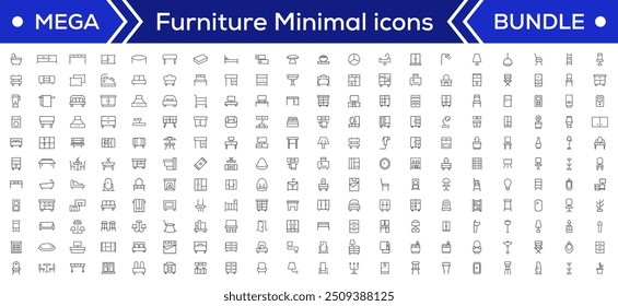 Muebles Iconos de línea mínima Paquete. Sofá, silla, mesa, cama, lámpara, armario, espejo, icono de escritorio para App y Sitio web