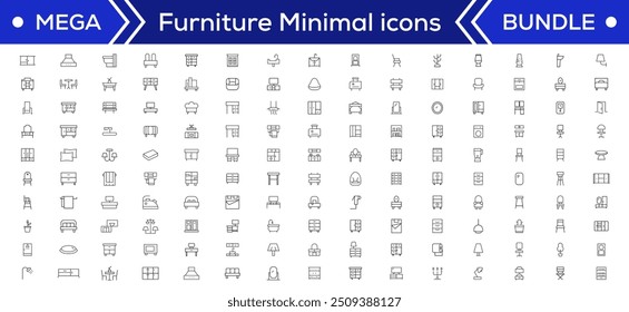 Furniture Minimal line icons Bundle. Sofa, Chair, Table, Bed, Lamp, Wardrobe, Mirror, Desk icon for apps and website