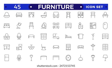 Furniture Minimal line icons set. Kitchen, bedroom, sofa table, bookcase closet, chair, mattress, lamps, ladder vector illustrations. Outline signs of house interior.
