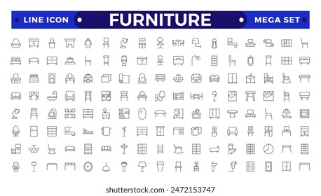 Conjunto de iconos de línea minimalista. Cocina, dormitorio, sofá-mesa, armario de librería, silla, colchón, lámparas, Ilustraciones vectoriales de escalera. Señales de contorno del interior de la casa.
