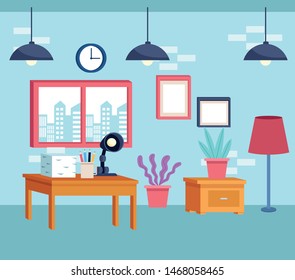 furniture modern decoration style living room view cartoon vector illustration graphic design