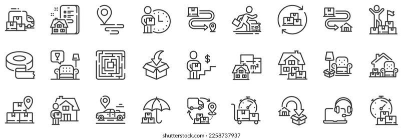 Furniture move, rent space and adhesive tape set. Moving service line icons. Package delivery, relocation service and carrying man line icons. Move parcel, delivery truck and maze labyrinth. Vector