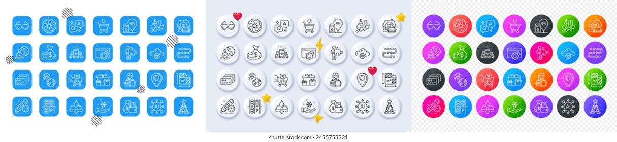 Furniture moving, Floor plan and Discounts cart line icons. Square, Gradient, Pin 3d buttons. AI, QA and map pin icons. Pack of Online market, Woman read, Water resistant icon. Vector